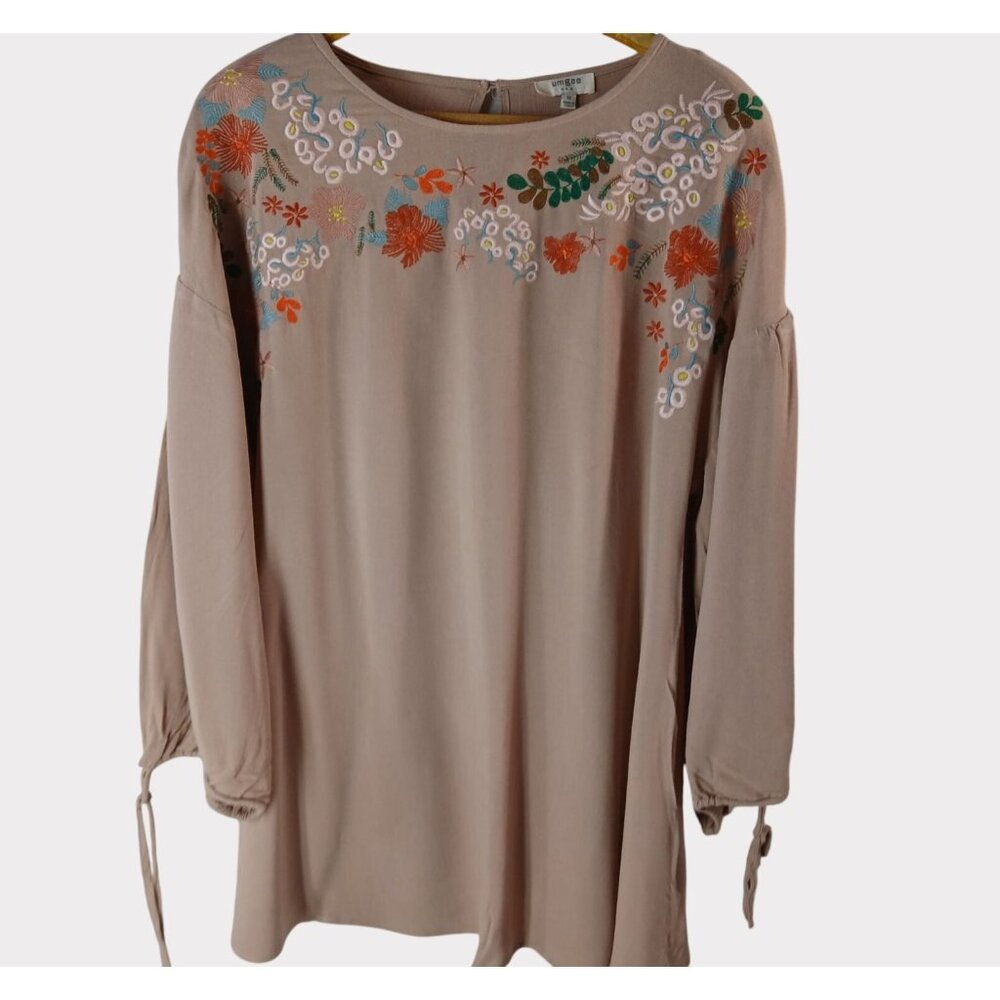 Umgee Taupe Pink Embroidered Blouse Tunic M Oversize Puff Sleeve Cottagecore Poe